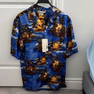 Zara Men's Blue and Orange Tropical Print Shirt